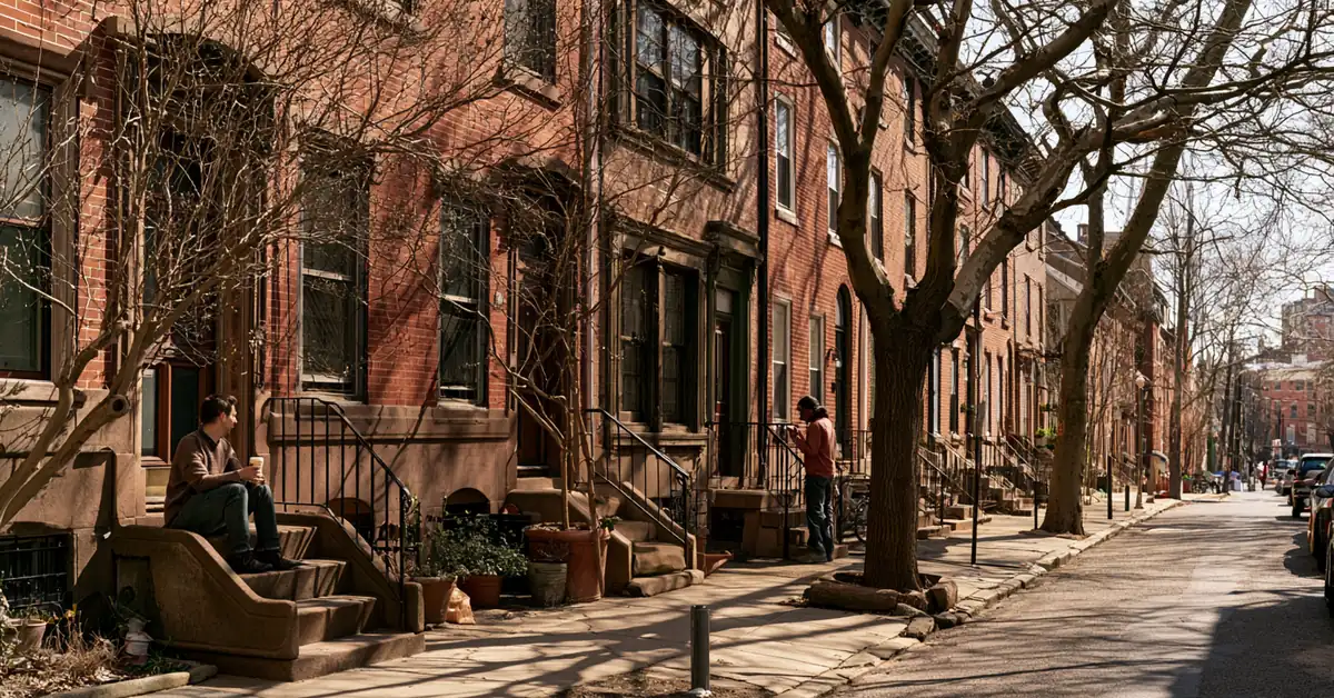 Couple a few feet apart on the steps of a Philadelphia rowhouse in early spring, illustrating couples therapy Philadelphia with CEREVITY