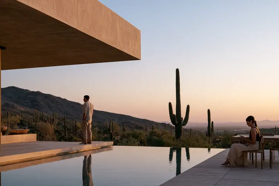 Couple a few feet apart on the patio of a Phoenix desert home at dusk, illustrating couples therapy Phoenix with CEREVITY