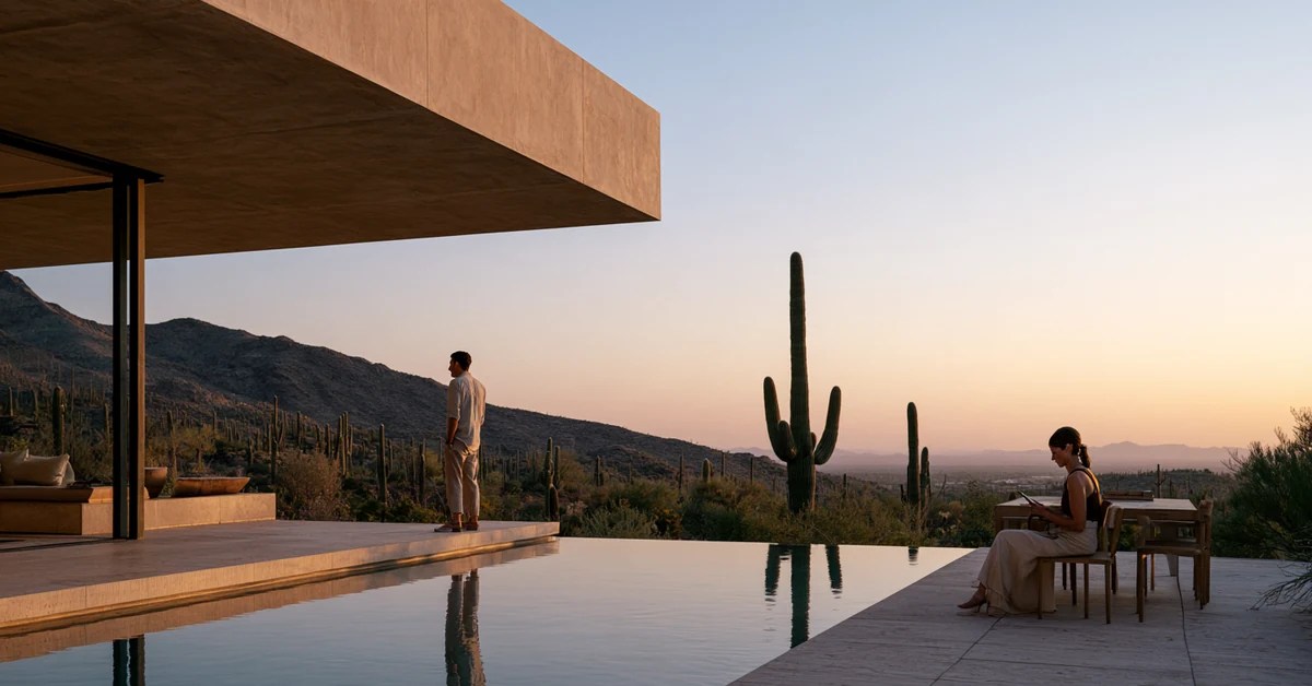 Couple a few feet apart on the patio of a Phoenix desert home at dusk, illustrating couples therapy Phoenix with CEREVITY