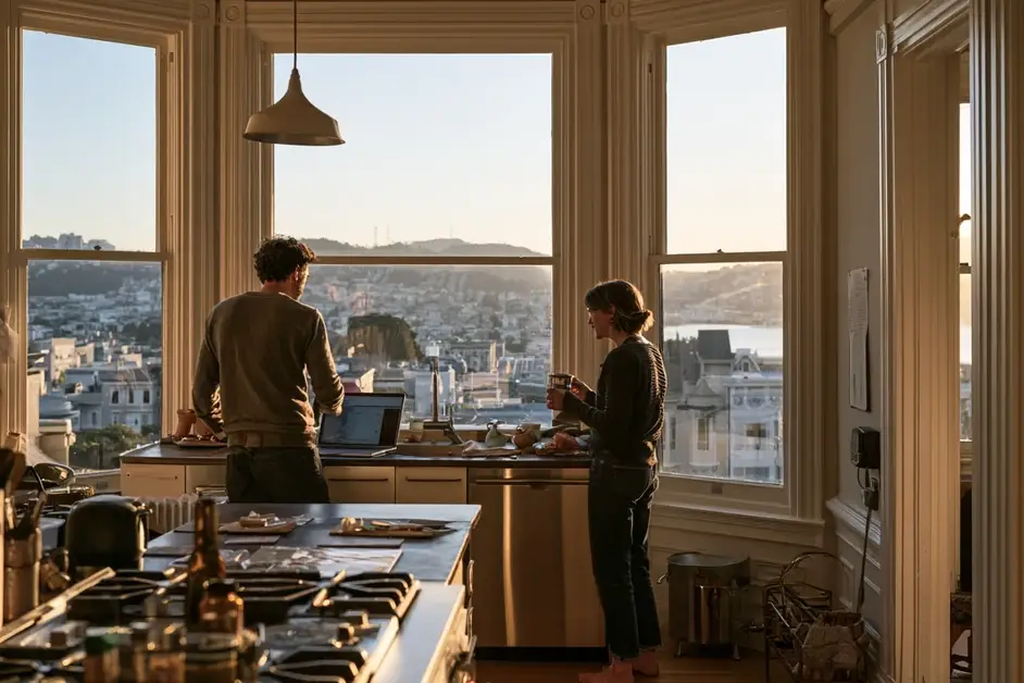 Couple standing apart at the kitchen counter of a San Francisco apartment at dusk, illustrating couples therapy San Francisco with CEREVITY