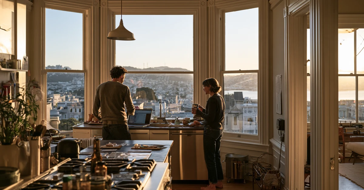 Couple standing apart at the kitchen counter of a San Francisco apartment at dusk, illustrating couples therapy San Francisco with CEREVITY
