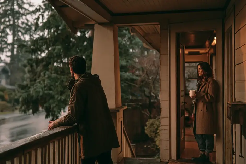Couple a few feet apart on the porch of a Seattle craftsman house on a gray evening, illustrating couples therapy Seattle with CEREVITY