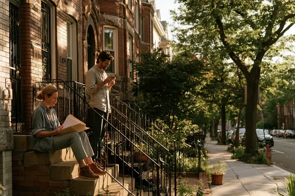 Couple a few feet apart on the stoop of a Washington DC rowhouse in early evening, illustrating couples therapy Washington DC with CEREVITY