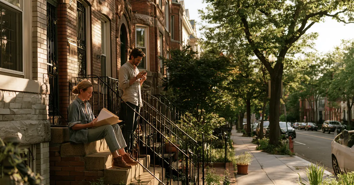 Couple a few feet apart on the stoop of a Washington DC rowhouse in early evening, illustrating couples therapy Washington DC with CEREVITY