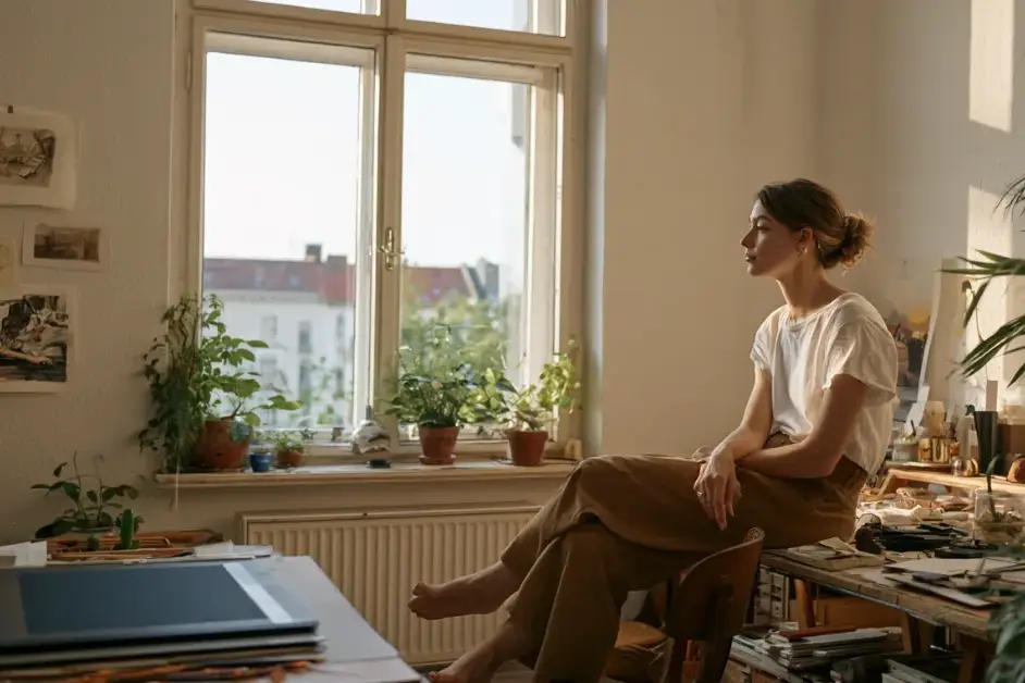 Illustrator in her thirties sitting back from a drawing desk in a quiet studio, tablet dark, looking toward the window