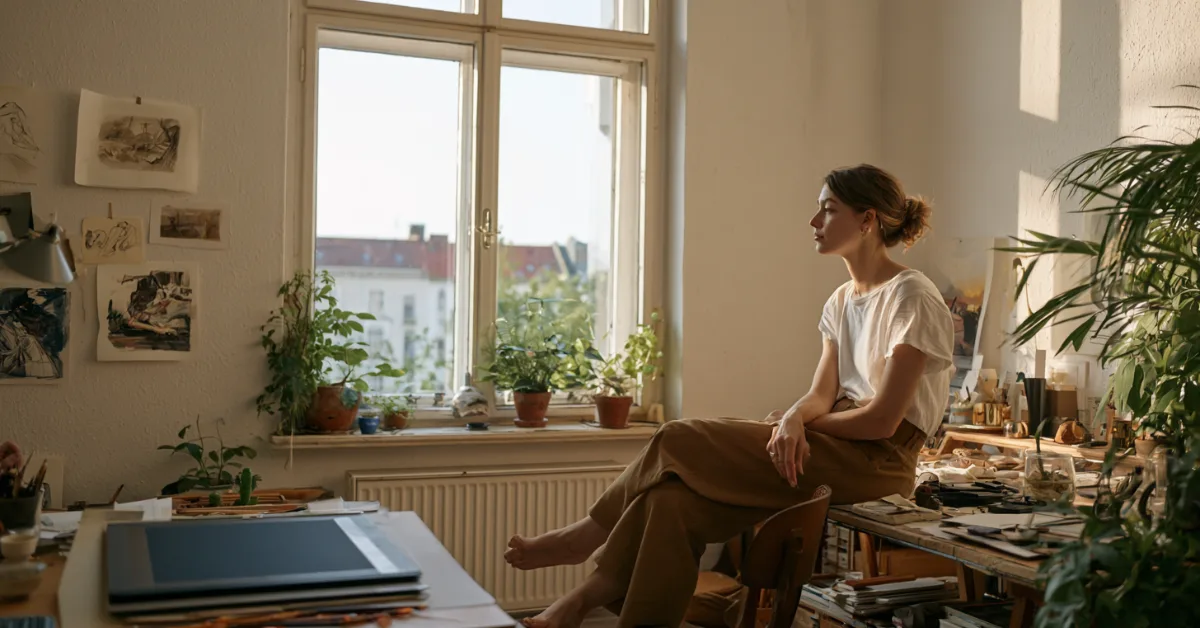 Illustrator in her thirties sitting back from a drawing desk in a quiet studio, tablet dark, looking toward the window