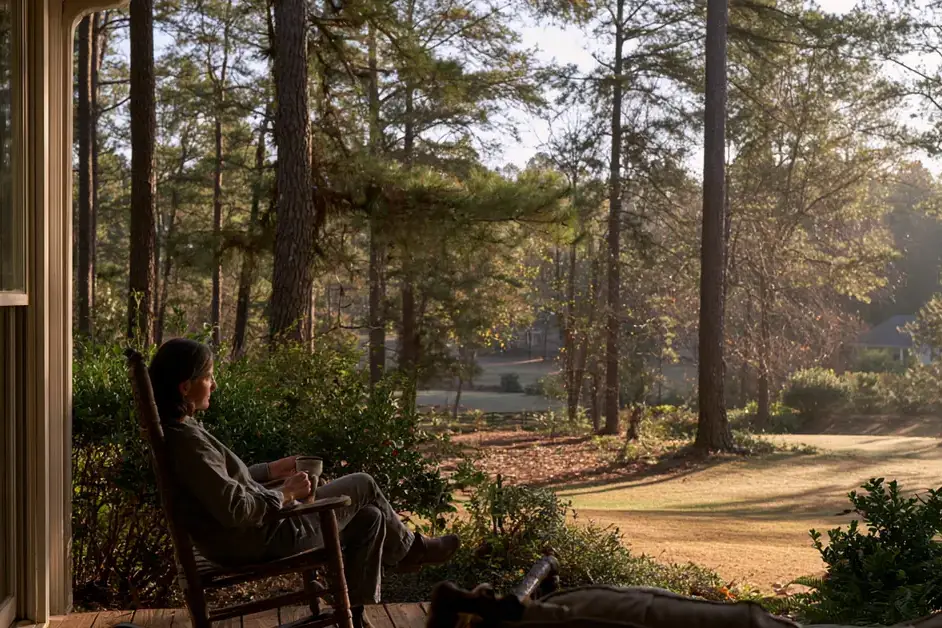 Woman sitting quietly on the porch of an Atlanta home under pines, illustrating EMDR therapy Atlanta with CEREVITY