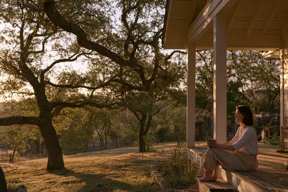 Professional sitting quietly on the porch of an Austin house under live oaks, illustrating EMDR therapy Austin with CEREVITY