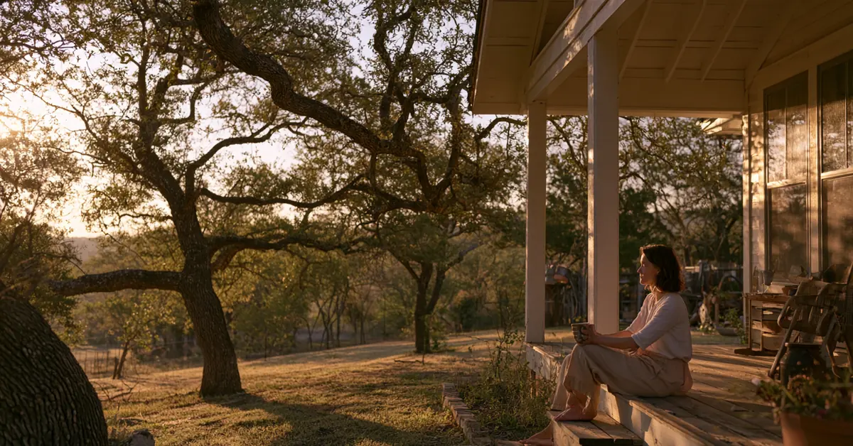 Professional sitting quietly on the porch of an Austin house under live oaks, illustrating EMDR therapy Austin with CEREVITY