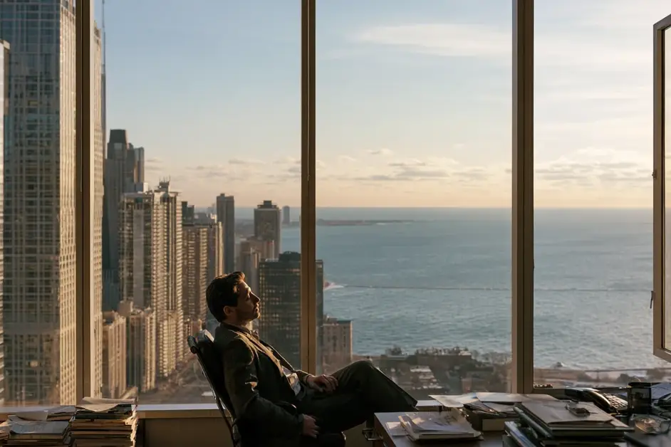 Professional sitting quietly in a Chicago office with the winter lakefront behind him, illustrating EMDR therapy Chicago with CEREVITY