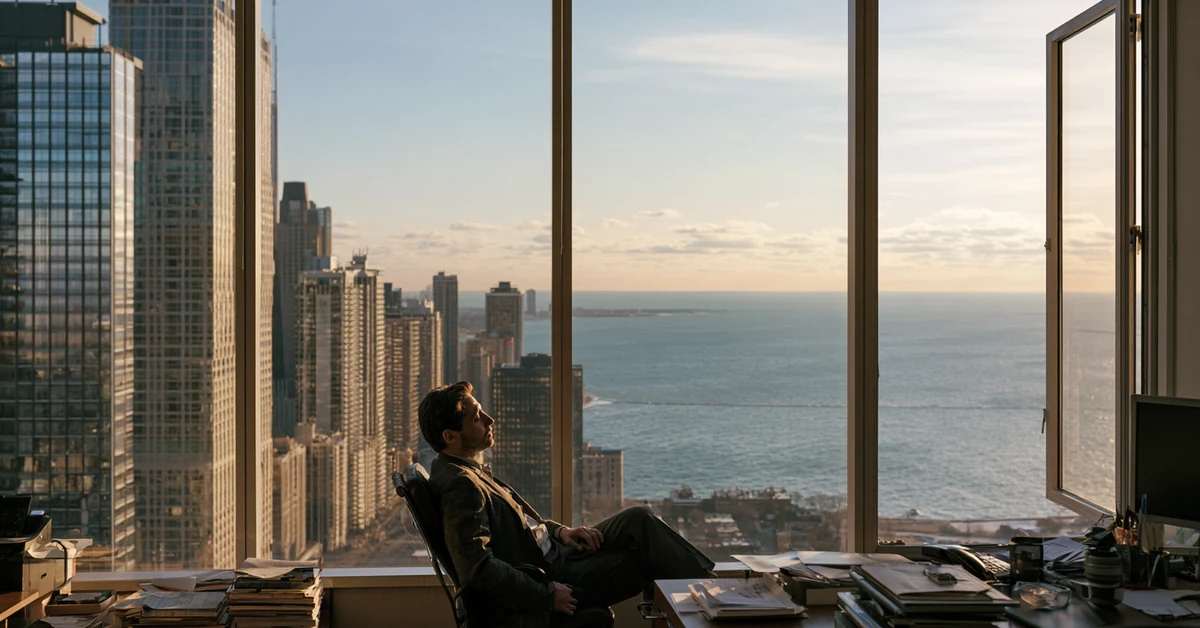 Professional sitting quietly in a Chicago office with the winter lakefront behind him, illustrating EMDR therapy Chicago with CEREVITY