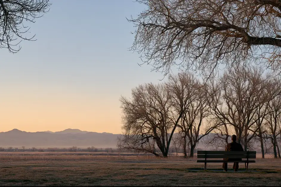Man sitting quietly on a Denver park bench at dawn with the Front Range behind, illustrating EMDR therapy Denver with CEREVITY