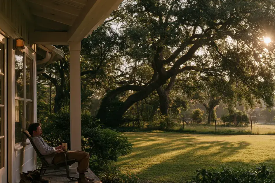 Man sitting quietly on the porch of a Houston home at dawn, illustrating EMDR therapy Houston with CEREVITY