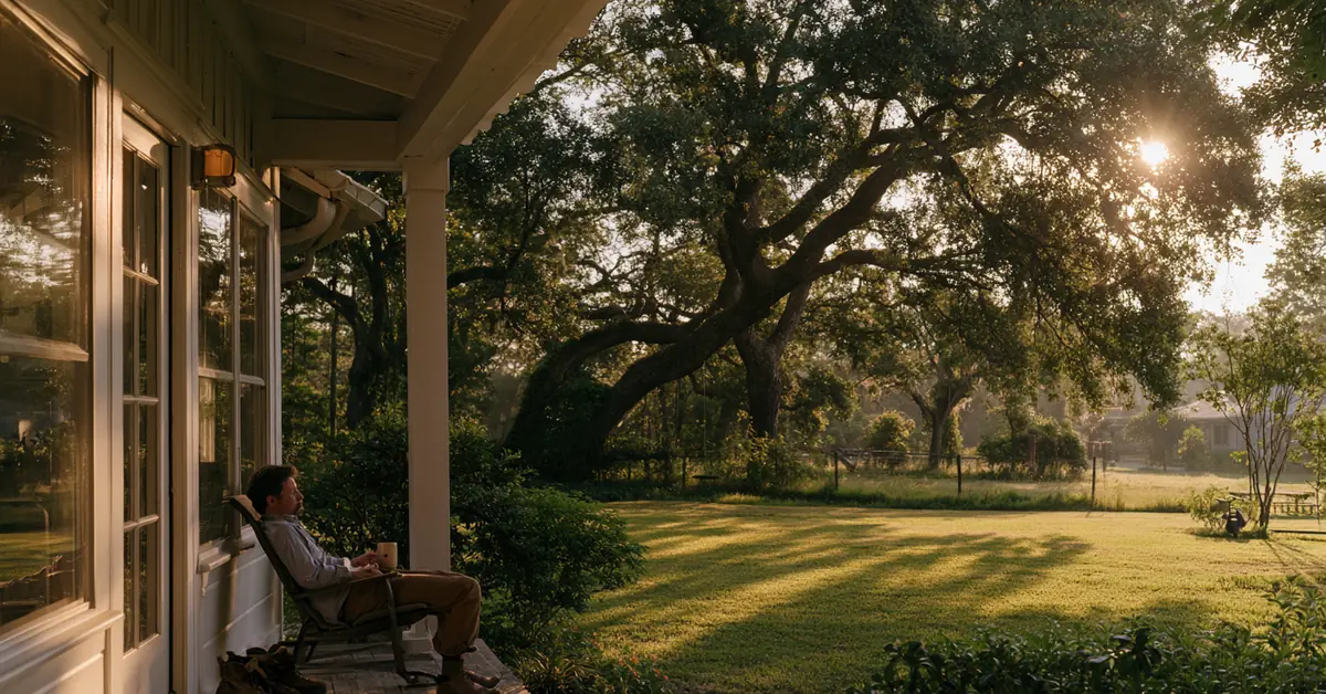 Man sitting quietly on the porch of a Houston home at dawn, illustrating EMDR therapy Houston with CEREVITY