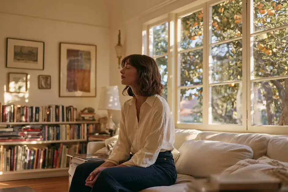 Woman sitting quietly in a Los Angeles living room in afternoon light, illustrating EMDR therapy Los Angeles with CEREVITY
