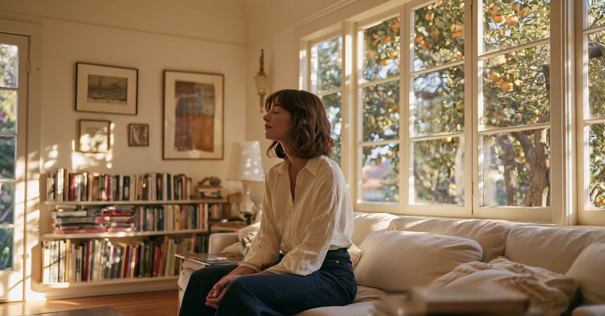 Woman sitting quietly in a Los Angeles living room in afternoon light, illustrating EMDR therapy Los Angeles with CEREVITY