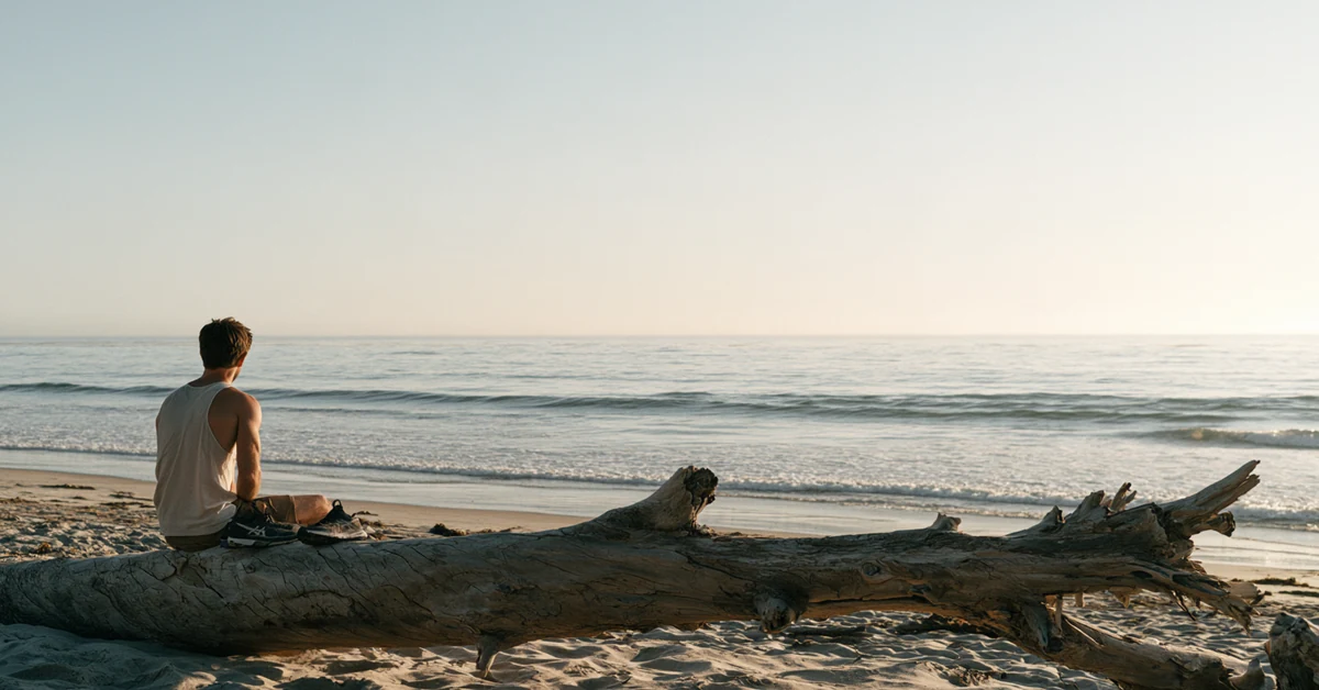 Man sitting quietly on a San Diego beach at dawn looking at the ocean, illustrating EMDR therapy San Diego with CEREVITY
