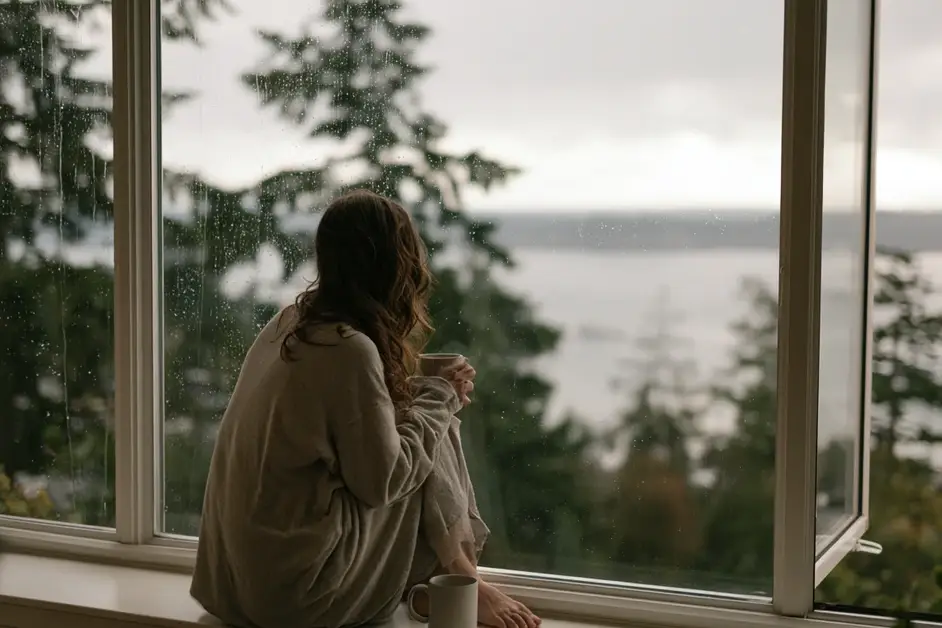 Woman sitting quietly at a rainy Seattle window, illustrating EMDR therapy Seattle with CEREVITY
