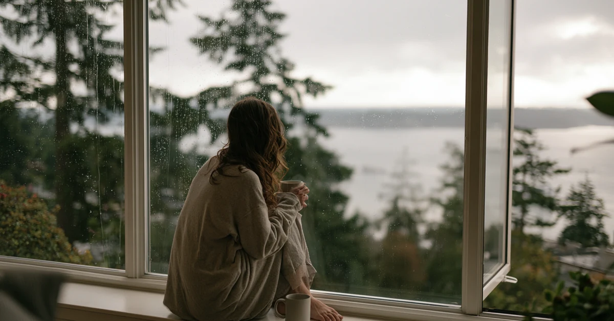Woman sitting quietly at a rainy Seattle window, illustrating EMDR therapy Seattle with CEREVITY