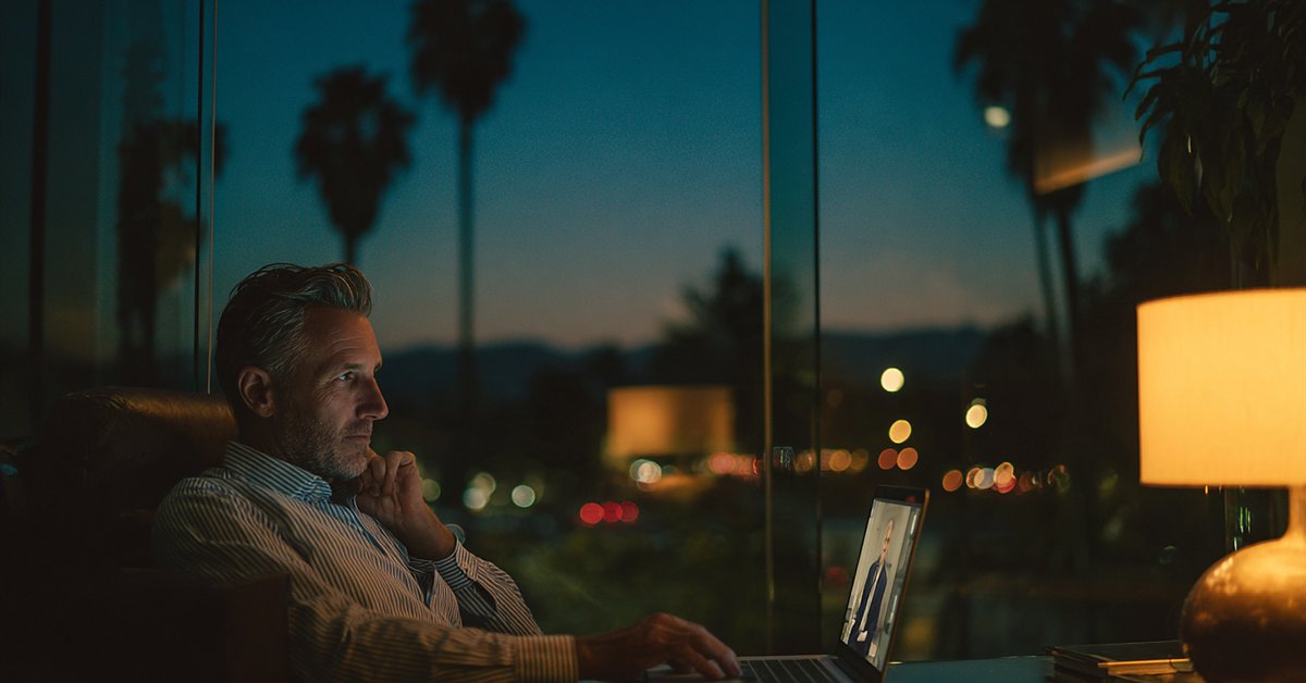 Senior executive at a laptop video session in a glass office at dusk with California palm trees outside