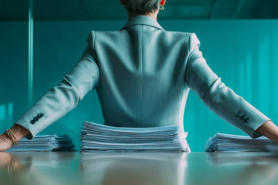 A woman executive seen from behind at a teal conference table, arms braced wide on either side of a tall stack of papers.