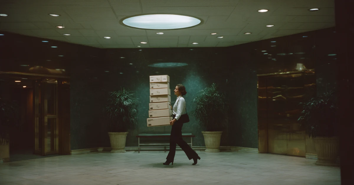 A professional carries a tall stack of file boxes alone across an empty office lobby at night