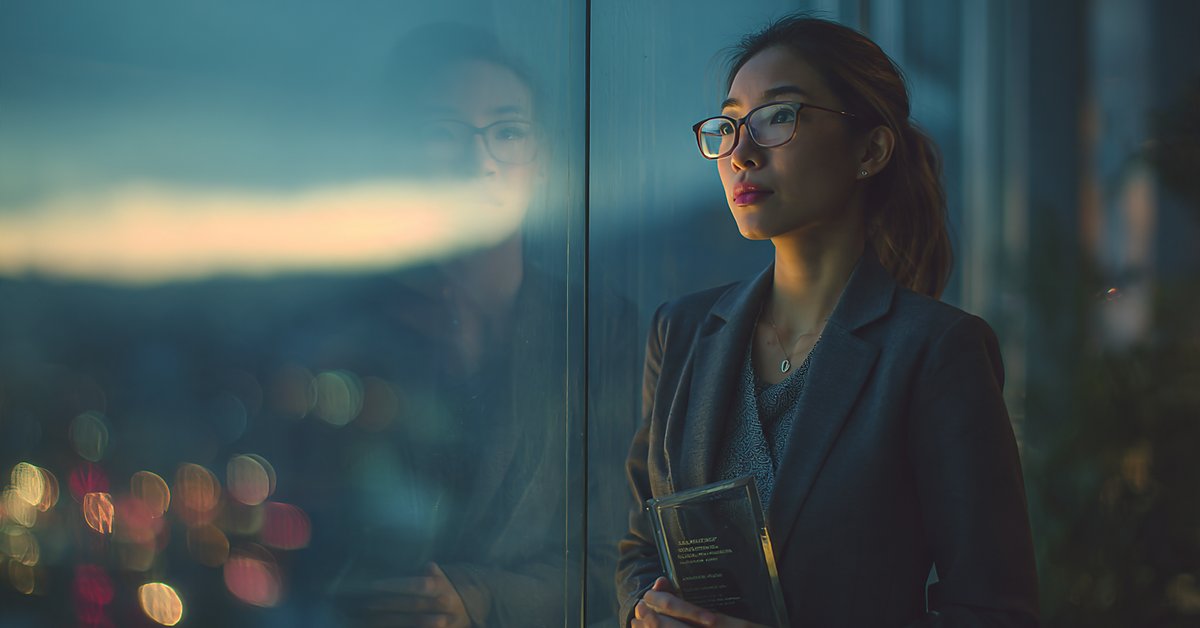 An Asian American professional woman in a blazer at a dusk office window, her reflection in the glass beside the city lights.