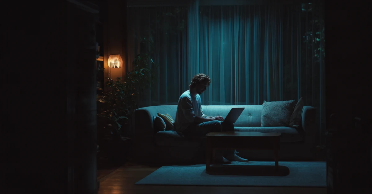 A person alone on a sofa at night reading a long policy page by laptop light