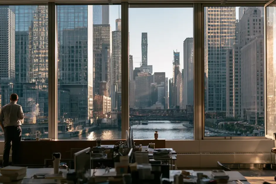Professional standing at a Chicago office window over the river, illustrating psychologist Chicago with CEREVITY