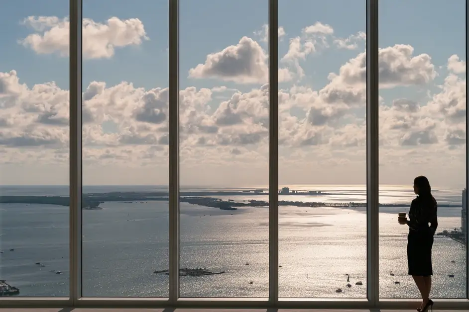Professional standing at a Miami office window over Biscayne Bay, illustrating psychologist Miami with CEREVITY
