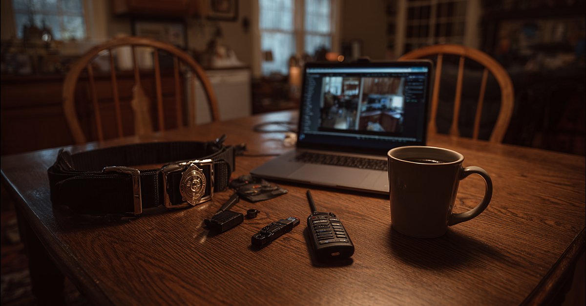 A police duty belt, badge and radio laid on a kitchen table at night beside a laptop open to a video call and a mug of coffee.