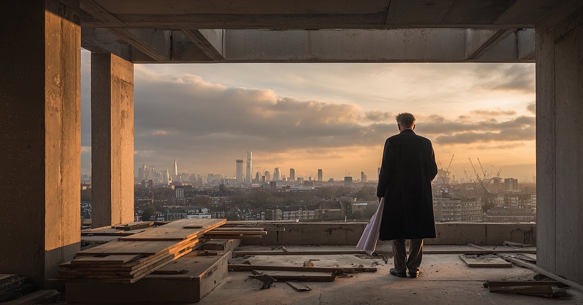 Real estate developer standing on the open upper floor of an unfinished high-rise at dusk, skyline behind.