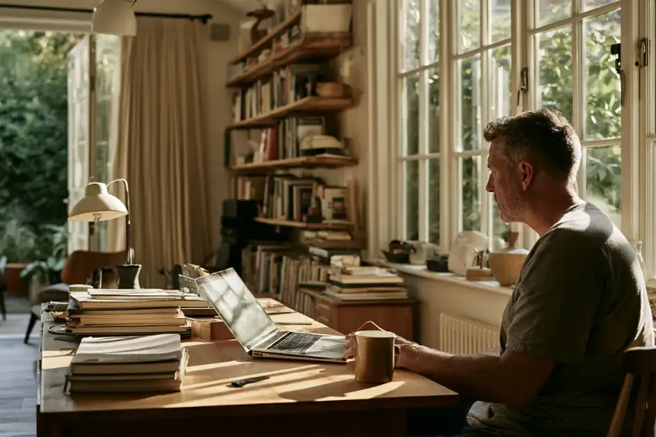 Man in his forties at a home-office desk, laptop pushed away, looking out of the window instead of at the screen