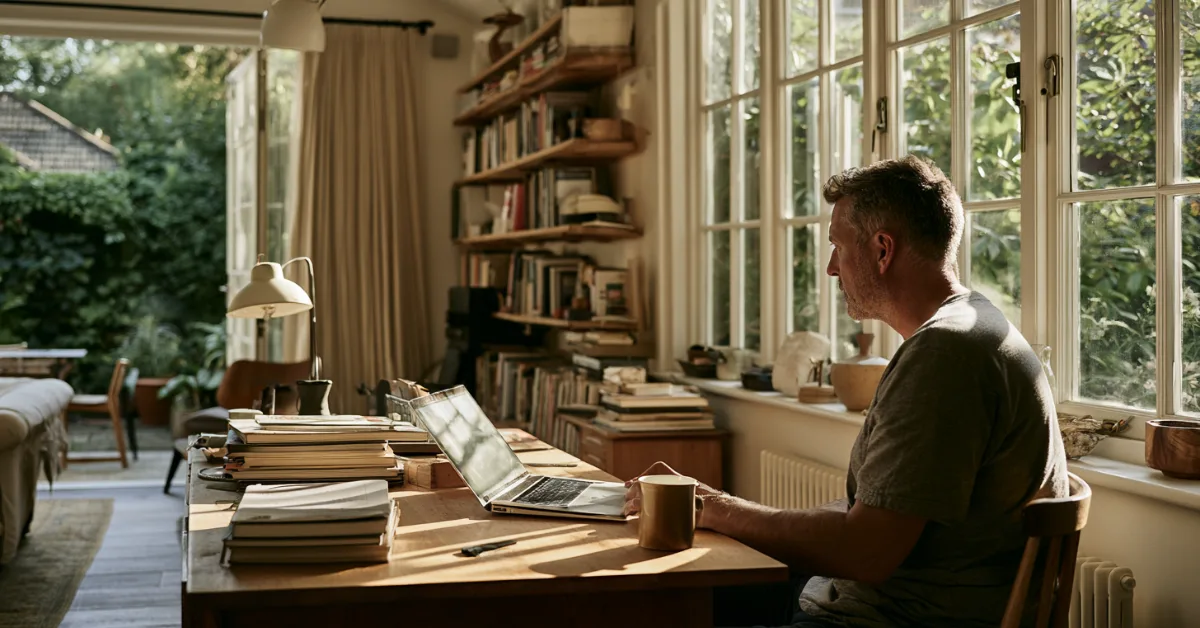 Man in his forties at a home-office desk, laptop pushed away, looking out of the window instead of at the screen
