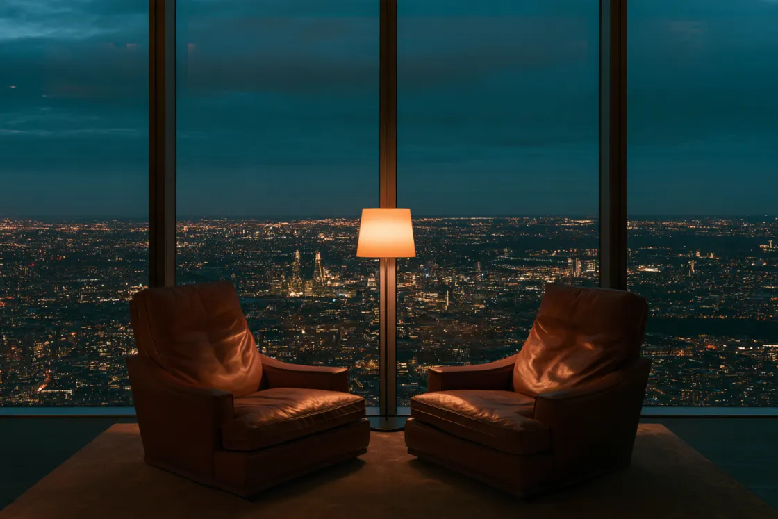A private consulting room above the city at dusk