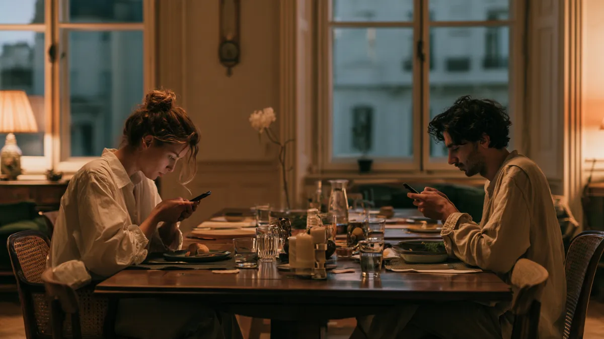 Couple at opposite ends of a dining table, both looking at their phones